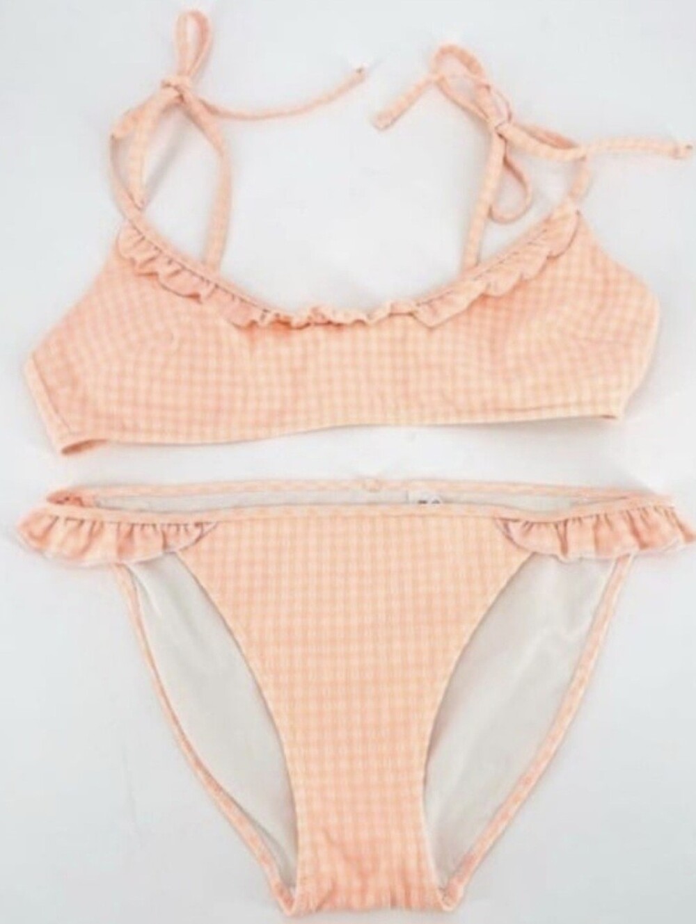 Aerie Seersucker Gingham Ruffle 2-piece Bikini Set, Peach Sherbert, size S, EUC